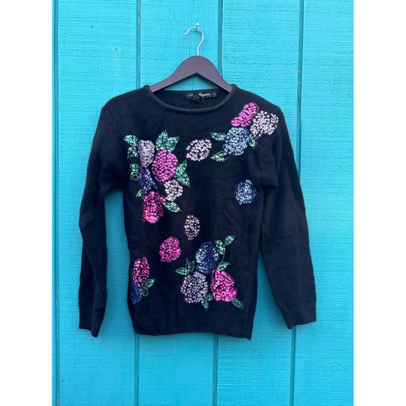 Work In Progress Sweaters - Work in Progress Black‎ Sequin Floral Embellished Sweater M Silk Angora Wool vtg